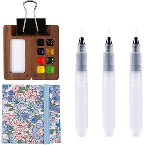 Mini Paint Palette Set, Wooden 8 Grids Mini Pocket Watercolor Palette Portable Sketchbook Palette Mini Travel Paint Palette with Watercolor Notebook Painting Pens Clip for Watercolor Painting