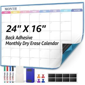 MaxGear Large Dry Erase Calendar for Wall,Self-Adhesive Wall Calendar White Board with 4 Dry Erase Markers, 1 Eraser, 4 Magnets, 1 Marker Holder for Office Home School (Macaron Monthly, 24" x 16")