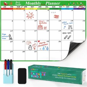 Dry Erase Calendar for Fridge - 17x12 Reusable Refrigerator Calendar Magnetic Dry Erase with Strong Magnetic Backing, Includes 3 Markers, 1 Eraser & 1 Pen Holder, for Family Schedule Tracking