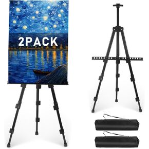 2 Pieces Artist Easel Stand - Portable Adjustable Aluminum Metal Tripod Artist Easel with Bag, Height from 17" to 66", Easels Stand for Table-Top/Floor Painting, Drawing, and Displaying, Black