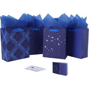 4-Pack 10.6" Medium Blue Gift Bag Set with Handles, Greeting Card, Tissue Papers and Stickers for for Women Girls Men Boys Kids Teens for Birthday Party, Shopping, Wedding, Baby Shower, Celestial-inspired design, 4 Pcs