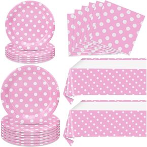 62Pcs Birthday Party Decorations with Dots Design, Pink Polka Dot Party Supplies Includes 20 9'' Plates, 20 7'' Plates, 20 Napkins and 2 Tablecloth for Birthday Minnie Mouse Theme Party Decorations