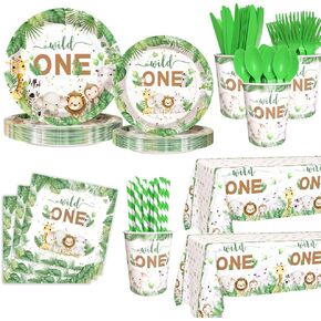 194pcs Wild One Birthday Decorations Jungle Safari Birthday Party Plates, Cup, Napkin, Tablecloth, Tableware, Boys First 1st Party Supplies Plates Serve 24 Guests