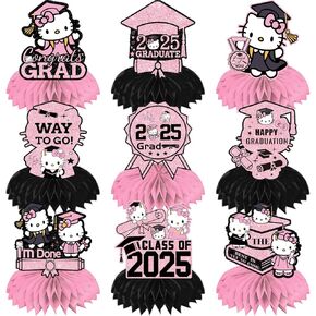 9pcs Hello Kity Pink Graduation Decorations Honeycomb Countipe 2025 Decorations Table Table Decorations 3D Double Side Topper Grad Centers for Tables