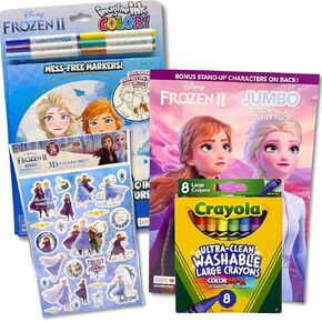 Disney Coloring Book Frozen Set- With 8pk Crayola Mess Free Coloring Washable Crayons, Magic Coloring Pad with 6 Mess Free Markers, Jumbo Coloring Book, 3D Puffy Stickers -Educational Art Acivity