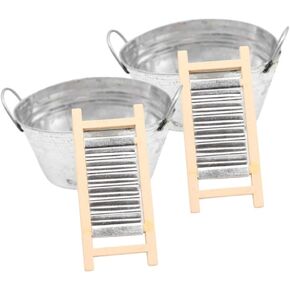 Dollhouse Miniature Wash Tubs and Washboards 2 Sets Miniature Laundry Basin Tiny Water Mini Wash Tub Decor Kitchen Laundry Accessories