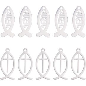 UNICRAFTALE 20pcs 2 Style Stainless Steel Color Fish Charms 23mm Long 304 Stainless Steel Jesus Fish Pendants Vertical Fish With Cross Charm Dangle, Metal Fish Pendants For Jewelry Making