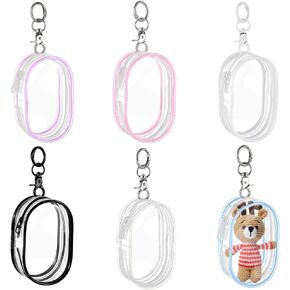 AHANDMAKER 6Pcs Clear Figure Display Bag with Keychain, Portable Small Doll Storage Bag Hanging Blind Box Organizer Mini Figures Carrying Case Bag Pouch Collectibles Case for Dolls(Oval)