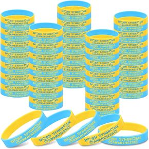 100 Pcs Down Syndrome Awareness Silicone Bracelet Wristband Stretch Blue Yellow Down Syndrome Bracelet for Men Women Teen Unisex School Charity Campaigns Events Gifts Supplies