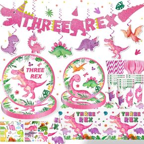 Three Rex Birthday Decorations Girl with Trex Banner, 25 Serves Dinosaur Disposable Tableware Set, with Trex Banner Plates Napkins and Cups Table Cloth for 3rd Pink Dinosaur Themes Party Kids