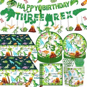 Three Rex Birthday Decorations Boy Watercolor Dinosaur Birthday Paper Plates Napkins Cups Hanging Swirls Tablecloth Banner Straws Forks for T-Rex 3 Rex Dinosaur Birthday Party Supplies 3 Year Old Boy