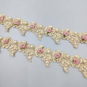 1 Yard Lace Applique Pearl Trim Vintage Gold Pearl Rose Flowers Embroidered Lace Fabric DIY Sewing Supplies Crafts Wedding Bridal Dress Party Clothes Decoration 1.96"" Wide (Gold)