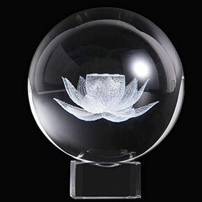 Waltz&F 60mm Inner Carving Lotus Flower Crystal Paperweight with Stand Fengshui Crystal Ball Home Decoration
