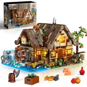 Wood Cabin Building Set with LED Light, 2570 PCS Wooden Forest House Mini Building Block Toy with Waterwheel Pond Animals, Big House Construction Model for Adults Teens Kids Boys Girls 10-12+