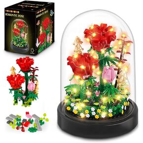 HOGOKIDS Flower Bouquet Building Kit with LED Lighting - 596 PCS Rose Sets with Cover Botanical Building Blocks | Birthday Mini Bricks Valentines Day Gift for Adult Girlfriend Wife (Red Roses)
