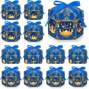 Jremreo 12 Pack Ramadan Eid Mubarak Treat Boxes - Gold Lantern and Moon Design ، صناديق ورقية سداسية مع أشرطة ، حاويات حلوى العطلات الإسلامية للعيد الفاخرة