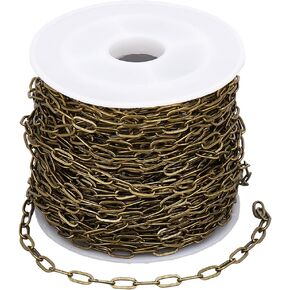 10M/32.8 Feet Brass Paper Clip Chain Cable Link Chain with Spool Antique Bronze Paperclip 6mm Drawn Elongated Oval Soldered Roll Connector Chain for Jewelry Making Necklace Bracelet DIY Craft