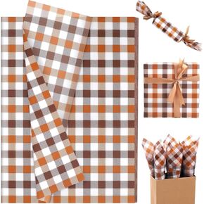 100 Sheets Farmhouse Plaid Tissue Paper, 20x14in Orange Brown Gift Wrapping Tissue Vantage Color DIY Art Craft Paper for Birthday Wedding Baby Shower Party Gift Decor