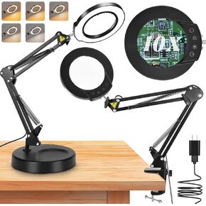 10X Magnifying Glass with Light and Stand, 2-in-1 Desk Lamp with Clamp 5 Color Modes Stepless Dimmable Lamp, LED Lighted Magnifier with Light for Crafts Hobby Reading Sewing Repair Works