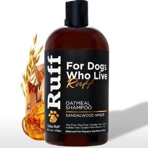 Ruff بقلم Lillian Ruff Dog Dog Shampoo | خشب الصندل العنبر | شامبو الكلب المحترف مع زيت الألوة وجوز الهند | يخفف الحكة والمناطق الساخنة | ترطيب وبلزيل | آمن للجرو | صنعت الولايات المتحدة الأمريكية