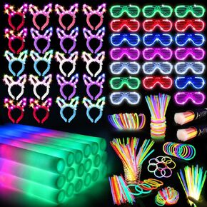 260 PCS Glow in the Dark Party Supplies, New Year Party Favors, 20 Foam Glow Sticks, 20 LED Glasses, 20 Bunny Ear Headband and 200 Glow Sticks for Glow Sticks Party Pack for Kids or Adults