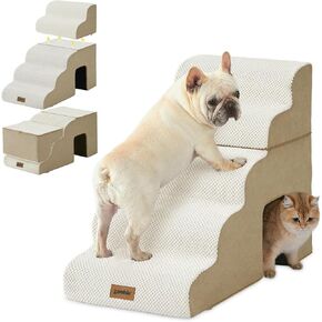 Dog Steps for High Beds - 5 Step Pet Stairs with Tunnel 2 in 1 with Zippers Suitable for Small Dogs and Cats, Indoor Cat Ladders with Non-Slip Bottom, Beige