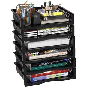 6 Pack Office Stackable Letter Tray, Plastic Stackable Paper Storage Basket Tray, Black