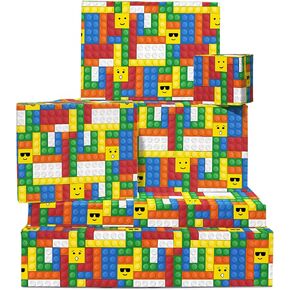 CENTRAL 23 Colorful Wrapping Paper - Lego Building Blocks - 6 Sheets of Gift Wrap - Birthday Wrapping Paper for Kids - Christmas Wrapping Paper for Boys and Girls - Comes With Fun Stickers