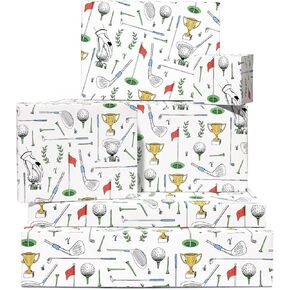 CENTRAL 23 Golf Wrapping Paper - 6 Sheets White Wrapping Paper For Men Dad Grandpa Uncle - Golf Sports Club - Comes With Stickers - Recyclable - Christmas Wrapping Paper Sheets