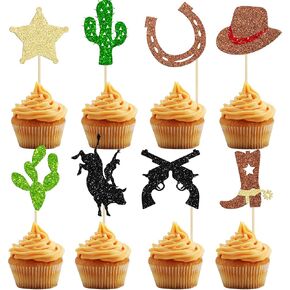 24Pcs Cowboy Cupcake Toppers Glitter HorseShoe Cowboy Hats Boots Cupcake Picks Star Gun Cactus Cupcake Picks Western Theme Baby Shower Birthday Party Cake Decorations Supplies