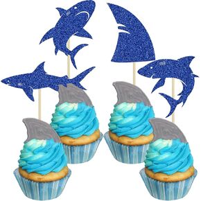 Ephlyn 24Pcs Shark Cupcake Toppers Blue Glitter Shark Fin Cupcake Picks Ocean Animals Shark Theme Baby Shower Kids Birthday Party Cake Decorations Supplies Blue