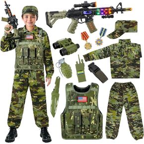 Kids Army Costume for Boys, Military Soldier Costume with Army Toys, Boys Halloween Costume with Vest Solider Boy