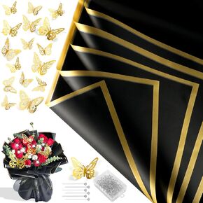 20 Sheets Flower Wrapping Paper - Waterproof Floral Bouquet Wrapping Paper with with 3D Gold Butterfly and Pins, Black Florist Supplies Packaging Paper for DIY Crafts Wedding Birthday Gift