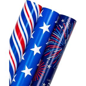 WRAPAHOLIC Wrapping Paper Roll - Mini Roll - 3 Rolls - 17 Inch X 120 Inch Per Roll - Blue Red White Stripe/Star/Fireworks Design for Memorial Day, 4th of July, Holiday, Party