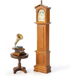 3 Pcs Dollhouse Furniture Accessories,1/12 Wooden Retro Miniature Grandfather Clock,Vintage Phonograph with Round Table,Suitable for Doll House Living Room, Bedroom and Other Scenes