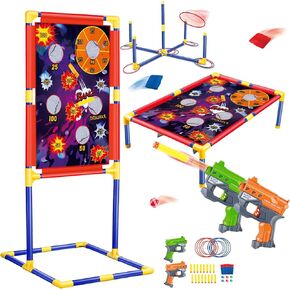 ألعاب الرماية في الهواء الطلق و Cornhole & Ring Troam Games للأطفال-مجموعة لعبة كرنفال 3 في 1 مع أكياس الفول مع كرات الخواتم ، ألعاب حديقة داخلية في الهواء الطلق للأولاد الأعمار 5 6 7 8 9 10+ هدية مثالية