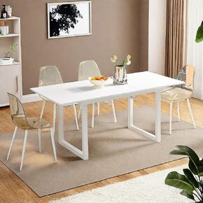 Dining Table Set,5-Piece Dining Set with a Square Table & 4 Plastic Chairs,Dining Table with Adjustable Table Length & Sturdy Metal Legs,Chairs with Plastic Back & Metal Legs,Brown&White