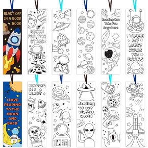 Haooryx Color Your Own Outer Space Bookmarks - 75Pcs Creative DIY Coloring Planet Rocket Spaceship Blank Book Marker for Kids Teachers Students Reader School Paint Paper Art Craft Space Party Supplies