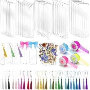 50+75PCS DIY Acrylic Bookmark Set, Pletpet 50P Acrylic Bookmark Blanks Craft 5 Shapes Plastic Craft Transparent Acrylic Book Marks with 30P Tassels, 4 Rolls Ribbon, 40P Flower Stickers, 1P Storage Box