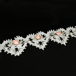 1 Yard Vintage White Pearl Beads Flowers Lace Edge Trim Ribbon Love Heart Floral Embroidered Fabric Appliques Lace DIY Sewing Lace for Wedding Bridal Dress Party Clothes Hat Decoration (White, 1 Yard)