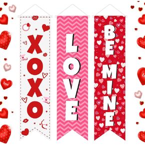 3Pcs Valentine's Day Porch Sign Banners Valentines Day Door Banner LOVE XOXO BE MINE Heart Valentines Hanging Banner Valentine’s Day Party Decoration for Wedding Home Indoor Outdoor Valentine Supplies