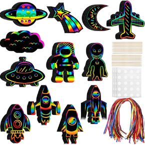 Engrowtic 72 Pcs Outer Space Scratch Cards for Kids Space Party Favors Paper Rainbow Rocket Scratch Card with Wooden Stick and Ribbon for DIY Project Home Classroom Ornament Supplies