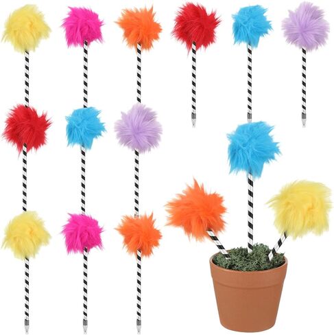 12 Pcs Truffula Tree Pompom Pen Colorful Fluffy Ball Pens Cute Fuzzy Pens Pom Pom Pens Gift for 100th Day of School Office, Rose, Orange, Yellow, Purple, Red, and Blue(Black and White) in Saudi Arabia