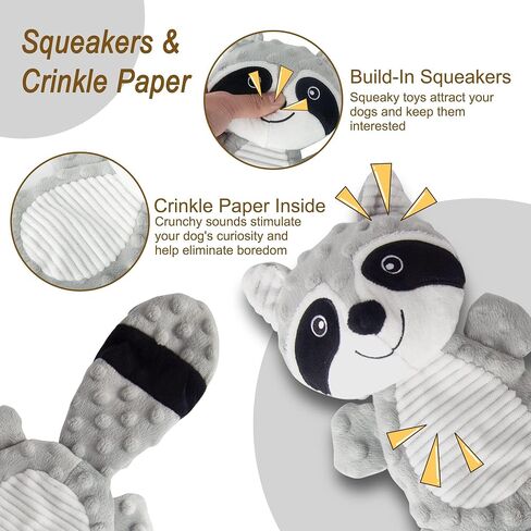 No Stuffing Squeaky Dog Toys Plush Chew Toy for Small Medium Puppy Large Breed, Stuffless Cute Animal Plush Toy for Indoor Play, Tough Durable Teething Interactive Gift, Raccoon,Gray in Saudi Arabia