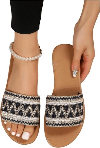 OYOANGLE Women's Boho Style Embroidered Flat Sandals Slide Sandals Fashion Flat Sandals Beach Slippers in Saudi Arabia