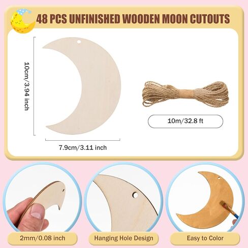 Awizom 48 pcs قواطع خشبية القمر القمر غير المكتمل شكل القمر الخشبي الحلي الفارغة القمر الخشبي لطلاء شرائح القمر الخشبية مع خيوط لعلامات DIY عيد ميلاد زفاف دش الطفل معلقة ديكور ، 3.94x3.11 in Kuwait