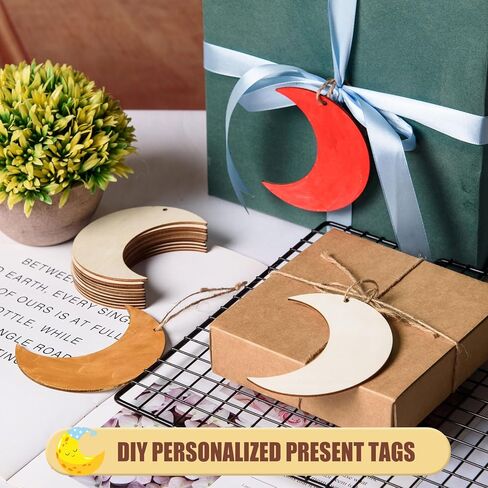 Awizom 48 pcs قواطع خشبية القمر القمر غير المكتمل شكل القمر الخشبي الحلي الفارغة القمر الخشبي لطلاء شرائح القمر الخشبية مع خيوط لعلامات DIY عيد ميلاد زفاف دش الطفل معلقة ديكور ، 3.94x3.11 in Kuwait