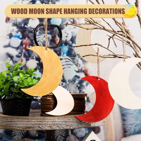 Awizom 48 pcs قواطع خشبية القمر القمر غير المكتمل شكل القمر الخشبي الحلي الفارغة القمر الخشبي لطلاء شرائح القمر الخشبية مع خيوط لعلامات DIY عيد ميلاد زفاف دش الطفل معلقة ديكور ، 3.94x3.11 in Kuwait