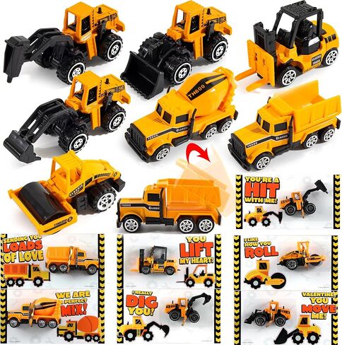 JOYIN 28 Pack Valentines Party Gift Cards with Mini Construction Vehicle Toy Set for Kids Valentine's Classroom Exchange Prizes in Kuwait