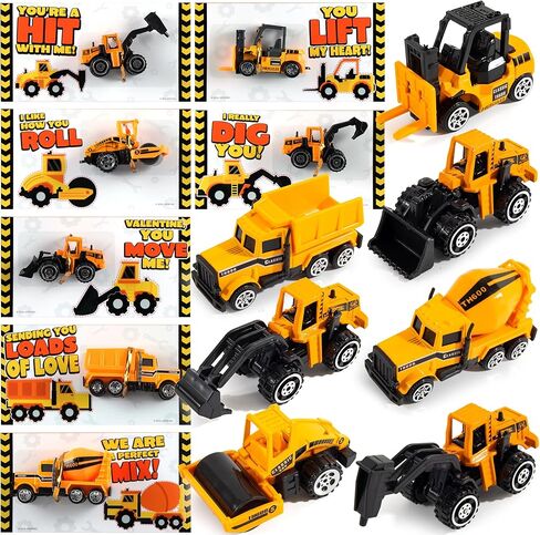 JOYIN 28 Pack Valentines Party Gift Cards with Mini Construction Vehicle Toy Set for Kids Valentine's Classroom Exchange Prizes in Kuwait